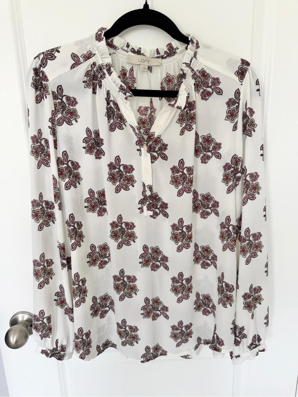LOFT White Floral Print Ruffle-Neck Long-Sleeve Blouse